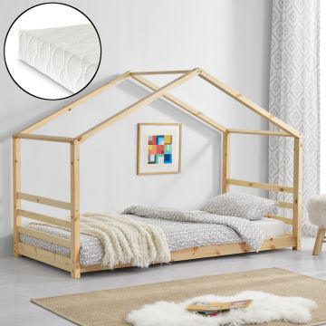 Cama para niños con colchón Vardø - Forma de casa - pino y Oeko-Tex 100 - 90 x 200 cm - Natural [en.casa]