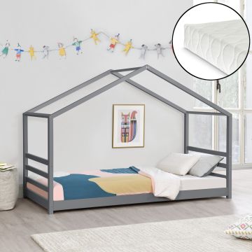 Cama para niños Vardø con colchón y somier - Forma de casa - pino 90 x 200 cm - Gris oscuro [en.casa]