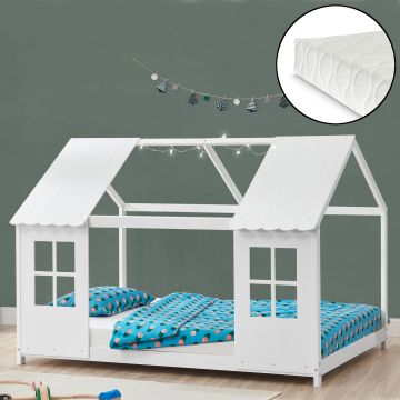 Cama para niños Tostedt en forma de casa con ventanas y colchón 140 x 200 cm pino - Blanco [en.casa]