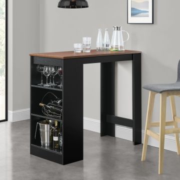 [en.casa]® Mesa de bar de Bistro Elegante - 110 x 50 x 103 cm - Mesa alta Cocina - Barra integrada para bebidas - 3 Estantes - Negro y Efecto nogal