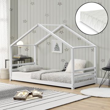 Cama para niños Vardø con somier y colchón - Forma de casa - pino 200 x 90 cm - Blanco mate [en.casa]
