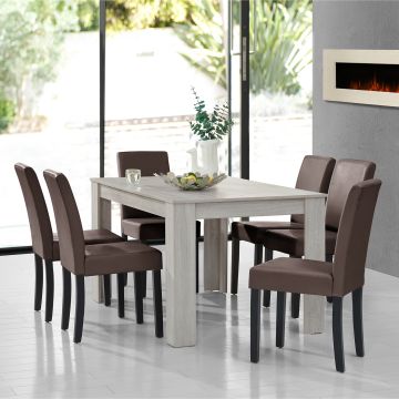Mesa de comedor + Set de 6 sillas Forssa MDF y polipiel140cm x 90cm x 77cm - Roble blanco + Marrón [en.casa] 