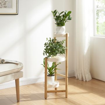 Soporte para plantas Sastamala de 3 niveles bambú y plástico 78 x 32 x 32 cm - Blanco y Natural [en.casa] 
