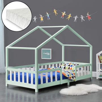 Cama para niños Treviolo forma de casa pino con colchón 90x200 cm - Menta Verde Blanco [en.casa][neu.haus]