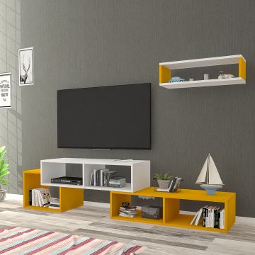 Mueble TV con estante cubo Malvik aglomerado 170x30x42 cm - Blanco/Amarillo [en.casa]