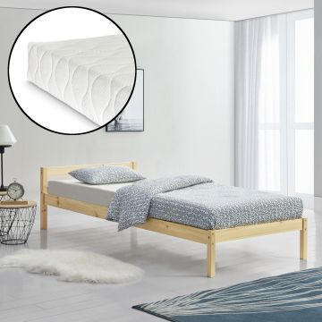 Cama individual Lynge con listones y colchón pino 90x200 cm - Madera natural [en.casa]