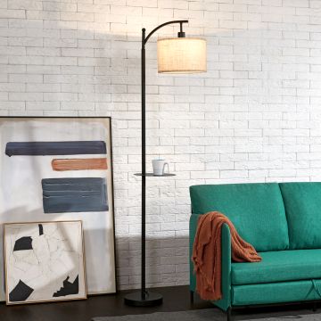 Lámpara de pie Sunderland con estante adicional 1x E27 60 W tela metal 180 x 41 x 28 cm - Negro/Beige [lux.pro]