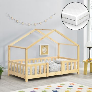 Cama para niños Treviolo forma de casa pino con colchón ortopédico 70x140 cm - natural [en.casa][neu.haus]