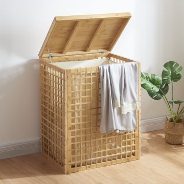 Cesto de ropa sucia Vimmerby bolsa de tela extraíble 48L / compartimento bambú 64x53x39 cm - Natural y Beige [en.casa]