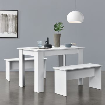 Conjunto de mesa de comedor + 2 bancos Hokksund tablero de partículas blanco [en.casa] 