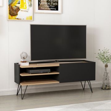  Mueble TV Dronninglund 2 Estantes Aglomerado/Metal 50x124x37 cm negro / efecto madera [en.casa]