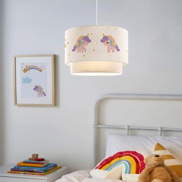 Lámpara colgante infantil Lurgan 1xE27 20 W motivo de unicornio plástico tela 70xØ30 cm blanco [lux.pro]