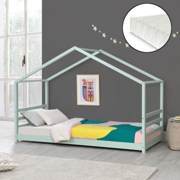 Cama para niños Vardø con colchón y somier - Forma de casa - pino 200 x 90 cm - Verde menta mate [en.casa]