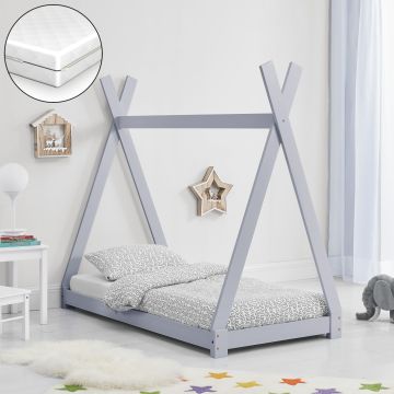 Cama infantil Onejda con colchón de espuma fría- diseño Tipi - pino 80 x160 cm - Gris claro [en.casa]