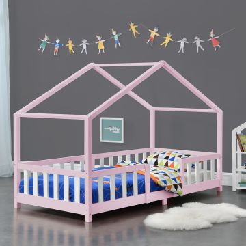 Cama para niños Treviolo forma de casa pino 90x200 cm rosa y blanco mate [en.casa]