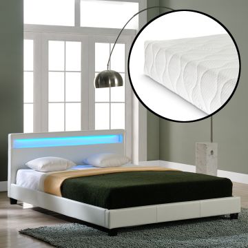 Corium Cama de matrimonio Paris de cuero sintético - con colchón y LED - (160x200cm) - (blanco)