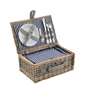 [casa.pro] Cesta de pícnic para 2 personas con nevera, cubiertos, platos, vasos - blanca / azul