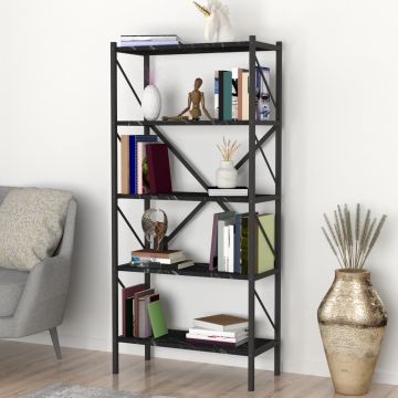 Librería Vanylven de 5 niveles aglomerado/metal 160 x 66 x 34 cm mármol negro [en.casa]
