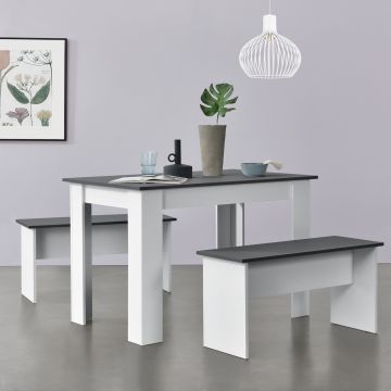 Conjunto de mesa de comedor + 2 bancos Hokksund tablero de partículas blanco y gris [en.casa] 