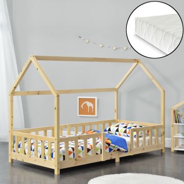 Cama para niños Sisimiut forma de casa pino con colchón 90x200 cm natural [en.casa][neu.haus]
