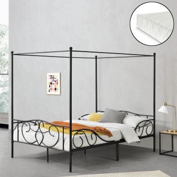 Cama con Baldaquín Finström con colchón y marco alto Acero 140 x 200 cm - Negro mate [en.casa]