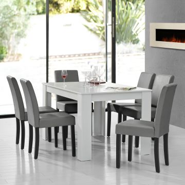 Mesa de comedor + Set de 6 sillas de polipiel Forssa 140cm x 90cm x 77cm - Blanco + Gris claro [en.casa] 
