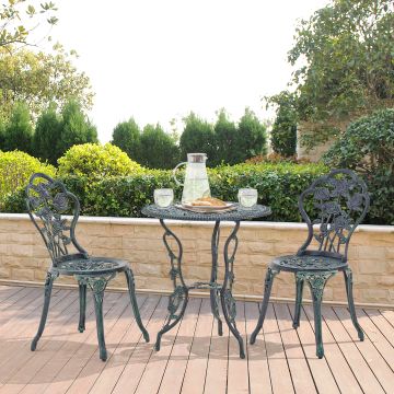 [casa.pro]® Set bistro aluminio fundido mesa + 2 sillas verde oscuro look antiguo muebles para jardín, terraza, balcón 