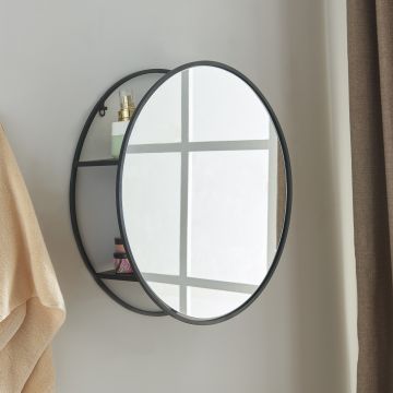 Espejo de pared Sunne redondo con 2 estantes acero y cristal 50 x 50 x 13 cm - Negro [ en.casa]