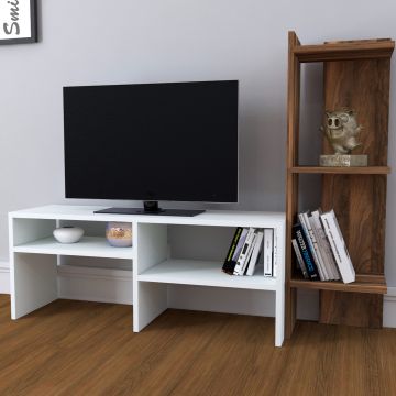 Mesa de TV Jevnaker con estantería aglomerado 137x30x100 cm - Blanco / Nogal [en.casa]