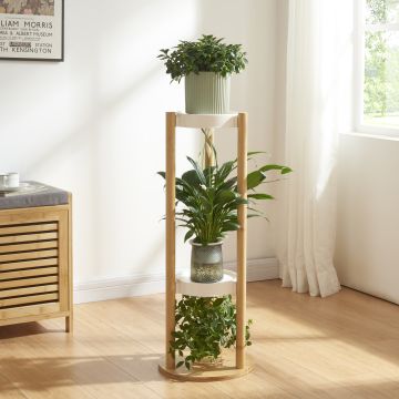 Soporte para plantas Sastamala de 3 niveles bambú y plástico 80 x 31 x 31 cm - Natural y Blanco [en.casa] 