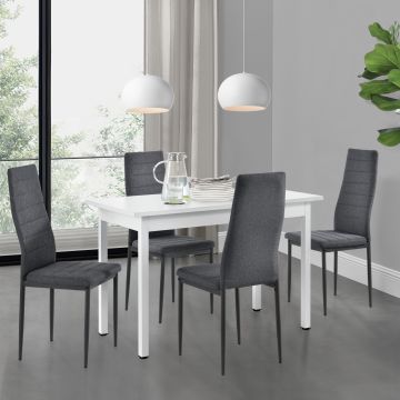 Juego de comedor Honningsvåg Mesa minimalista blanca + 4x sillas grises de tela- 120 x 60 x 75 cm [en.casa]
