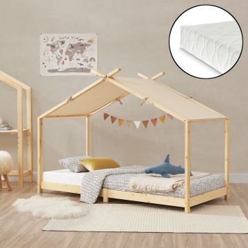 Cama para niños Brome en forma de casa con colchón y techo desmontable madera pino 90 x 200 cm - Natural y Beige [en.casa]