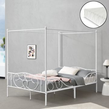Cama con Baldaquín Finström con colchón y marco alto Acero 140 x 200 cm - Blanco mate [en.casa]