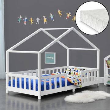 Cama para niños Treviolo forma de casa pino con colchón 90x200 cm blanco mate [en.casa][neu.haus]