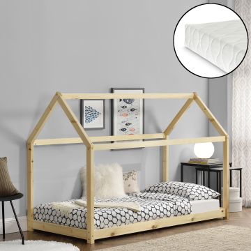 Cama infantil Netstal de madera pino con colchón 90x200cm Forma de casa Pino natural [en.casa]