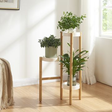 Soporte para plantas Sastamala de 3 niveles bambú y plástico 78 x 52 x 25 cm - Blanco y Natural [en.casa] 