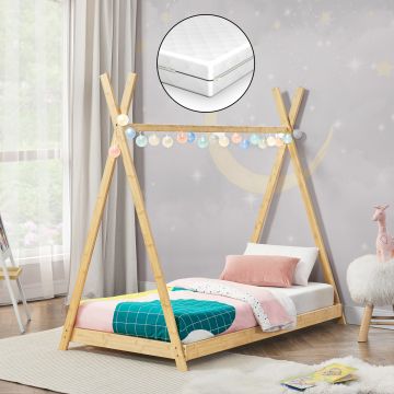 Cama infantil Tipi Vimpeli + colchón + somier máx. 200 kg bambú 70 x 140 cm - Natural [en.casa] y [neu.haus]