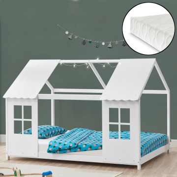 Cama para niños Tostedt en forma de casa con ventanas y colchón En diferentes medidas pino - Blanco [en.casa]