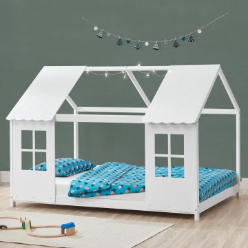 Cama para niños Tostedt en forma de casa con ventanas pino 120 x 200 cm - Blanco [en.casa]