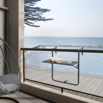 Mesa colgante de balcón Badolato acero polietileno 84 x 60 x 60 cm gris oscuro [en.casa]