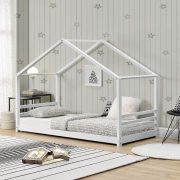 Cama para niños Vardø con somier - Forma de casa - pino 200 x 90 cm - Blanco mate [en.casa]