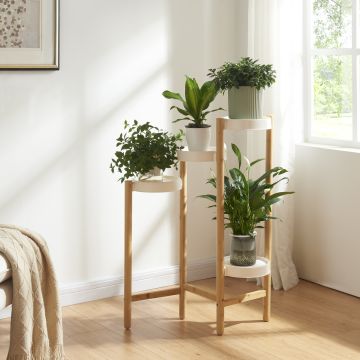 Soporte para plantas Sastamala de 4 niveles bambú y plástico 85 x 58 x 25 cm - Blanco y Natural [en.casa] 