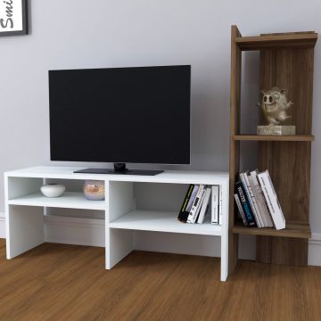 Mesa de TV Jevnaker con estantería aglomerado 137x30x100 cm - Blanco / Roble oscuro [en.casa]