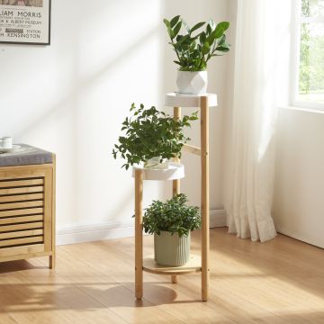 Soporte para plantas Sastamala de 3 niveles bambú y plástico 78 x 32 x 32 cm - Natural y Blanco [en.casa] 
