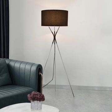 Lámpara de pie trípode Athlone metal y tela 25 x Ø 45 cm altura total 145 cm - Negro y plateado [lux.pro]