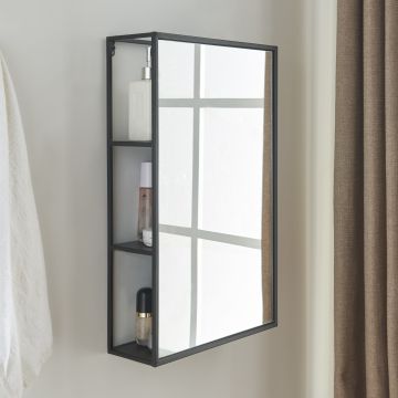 Espejo de pared Sunne rectangular con estantes acero y cristal 60 x 36 x 13 cm - Negro [ en.casa]