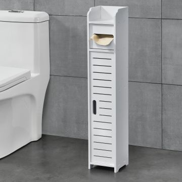 Mueble para Baño Leoben - 80 x 15 x 15 cm - Armario con puerta y Soporte para Papel higiénico - Auxiliar de Baño - WPC - Blanco [en.casa]®