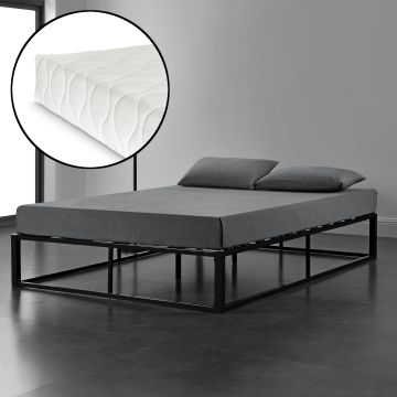 Cama Doble (Kreta) con colchón y listón de cama metal-acero 140 x 200 cm - Negro [en.casa]