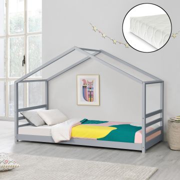 Cama para niños Vardø con colchón y somier - Forma de casa - pino 200 x 90 cm - Gris lacado mate [en.casa]
