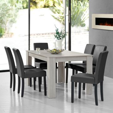 Mesa de comedor + Set de 6 sillas Forssa MDF y polipiel140cm x 90cm x 77cm - Roble blanco + Gris oscuro [en.casa] 
